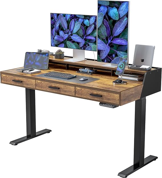 FEZIBO 55x26 Inches Standing Desk with 3 Wooden Drawers and Monitor Shelf, Height Adjustable Computer Desk, Ergonomic Rising Home Office Desks, Sit Stand Up Electric Workstation Table, Rustic Brown