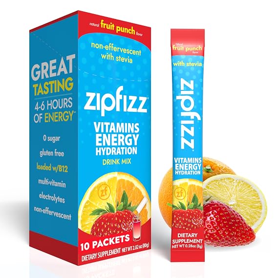 Zipfizz Stevia Electrolyte Energy Drink Powder 3-in-1 Fruit Punch 10 Packs