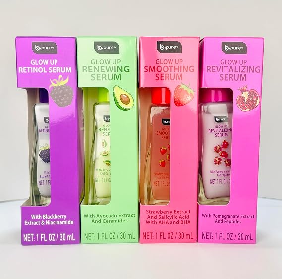 B.Pure Glow Up Face Serum Set, Retinol, Smoothing, Revitalizing, and Renewing, 1 Fl Oz Each, 4 Pack