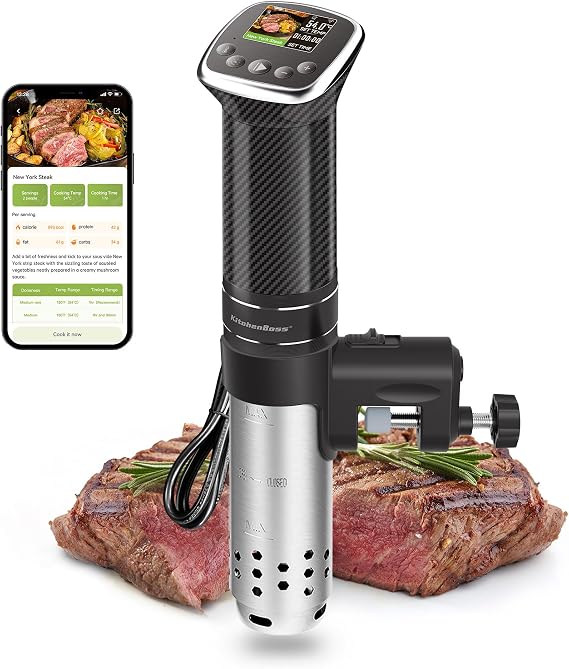 KitchenBoss Sous Vide Stick Garer: WiFi Precision Cooker App Control Sous Vide Rod 1100 W Circulation 40°C - 90°C Temperature Range IPX7 Waterproof TFT Touch Display Ultra Quiet Diving Circulator