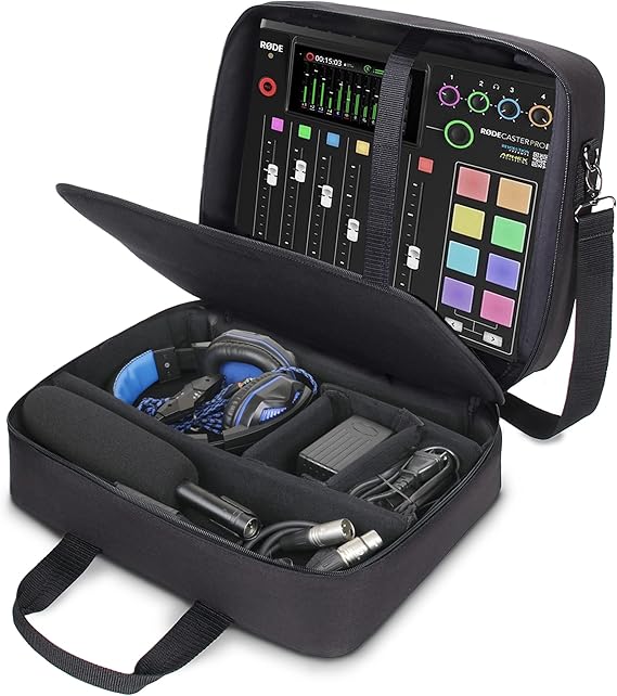 USA Gear Audio Mixer Case Fits RODECaster Pro II, Pro & Duo, GoXLR, more Podcast Equipment - Podcast DJ Travel Bag with Customizable Interior, Scratch-Resistant Interior, Shoulder Strap (Black)