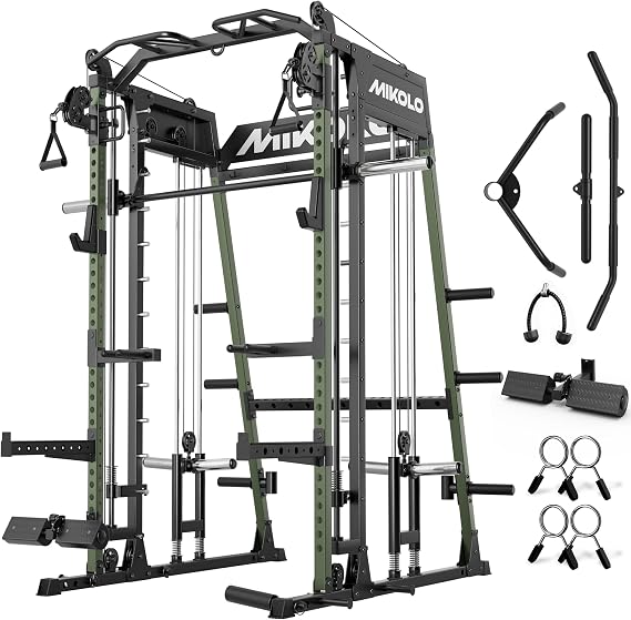 Mikolo M4 2.0 Smith Machine, 2200lbs Squat Rack with LAT-Pull Down System & Cable Crossover Machine, Training Equipment with Leg Hold-Down Attachment