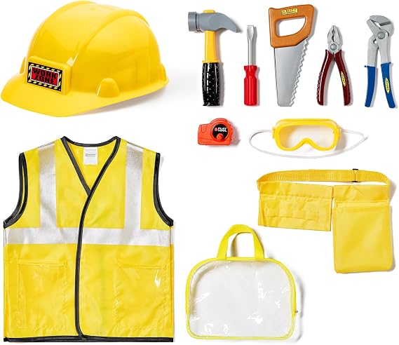 BLUE PANDA Kids Construction Vest & Hard Hat Costume Set - Small Yellow - 10-Piece Builder Kit with Tool Belt, Hammer, Saw & Goggles - Construction Accessories for Toddlers