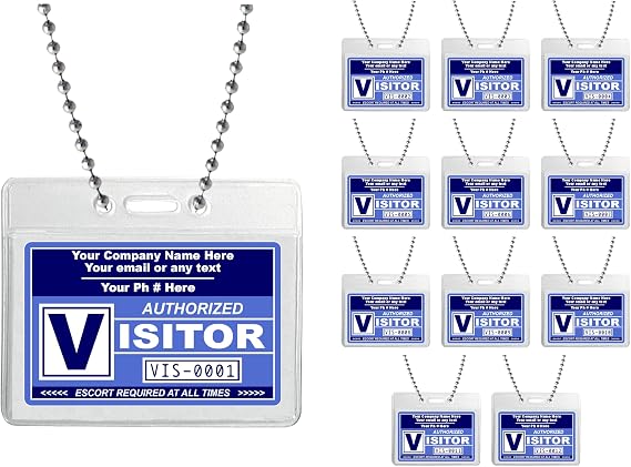 Visitor Pass Badges - (Custom Printed with Your Company INFO) - PVC Plastic - Available in 12, 36, 60 and 108 Piece Sets. Made in The U.S.A. - Horizontal - Blue