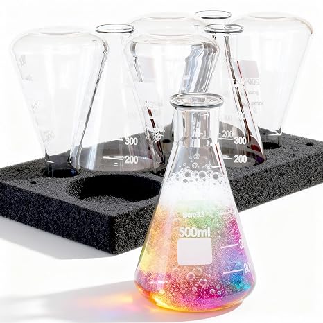 JOLABEAR 8-Pack 500ml Erlenmeyer Flasks Lab-Grade 3.3 Borosilicate Glass Conical Beaker, Narrow Mouth Laboratory Chemistry Flask for Science, Brewing, School, Yeast Starter EPE Foam Pack