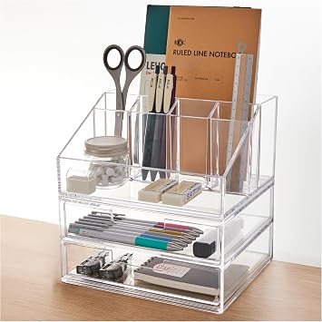 STORi Stackable Desk and Drawer Organizer, Clear Pen Pencil Makeup Brush Holder for Desktops and Vanities, 6 Compartment Caddy with 2 Wide Drawers (Made in USA)