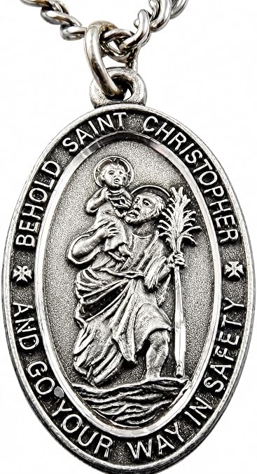 St Christopher Pewter Medal Steel Chain USA Made with Holy Card &Gift Box