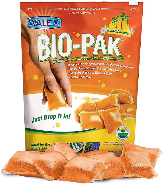 Walex Bio-Pak Black Holding Tank Deodorizer & Waste Digester Drop-Ins - Advanced Enzyme Formula for Rapid Breakdown of Waste & Paper, Removes Odors & Cleans Tank; Tropical Breeze, 10-Pack