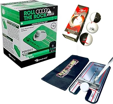 EyeLine Golf Roll The Rock Putting Mat + Putting Alignment Mirror + MyRoll Balls Bundle