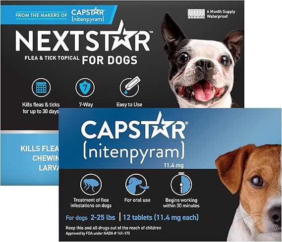 CAPSTAR Flea Treatment for Dogs 2-25 lbs (12 Doses) + NEXTSTAR Flea and Tick Prevention for Small Dogs 5-22 lbs (6 Doses) Bundle