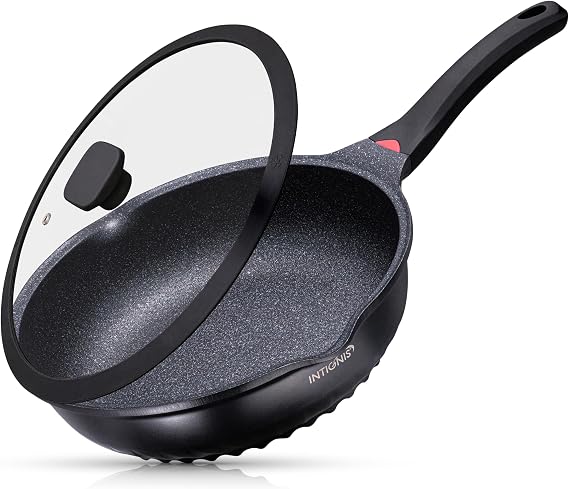 INTIGNIS Deep Non-Stick Frying Pan with Lid – 3-in-1 Sauté Pan, Skillet & Mini Wok – GREBLON Ceramic Coating | Induction Hob Safe | Stainless Steel Base |PTFE & PFOA Free (Black, 24 cm)