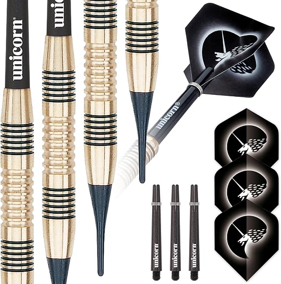 Unicorn Soft Tip Darts Set, Core, 100 Percent Brass Barrels, 16g, 17g, 18g or 19g