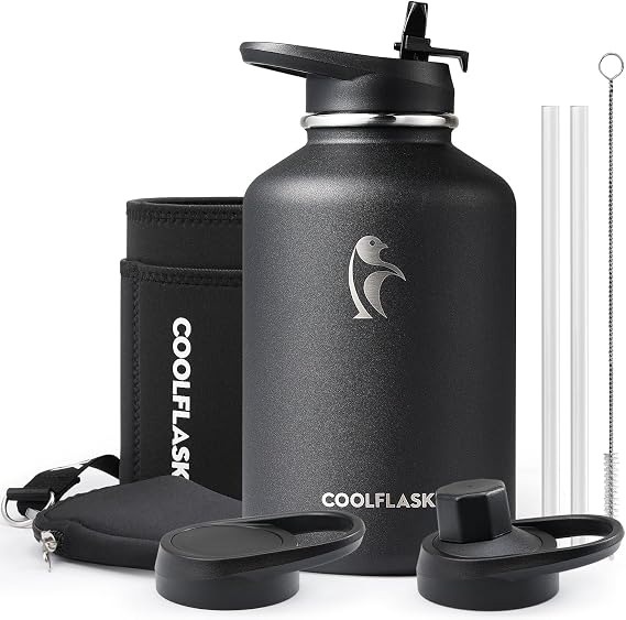 Coolflask 64 oz Water Bottle Insulated with PU Leather Sleeve & 3 Lids | Half Gallon Water Jug Stainless Steel Triple-Wall, Cold 48+h/Hot 24+h, Dishwasher Safe, Leakproof, BPA-Free, for Gym & Hiking