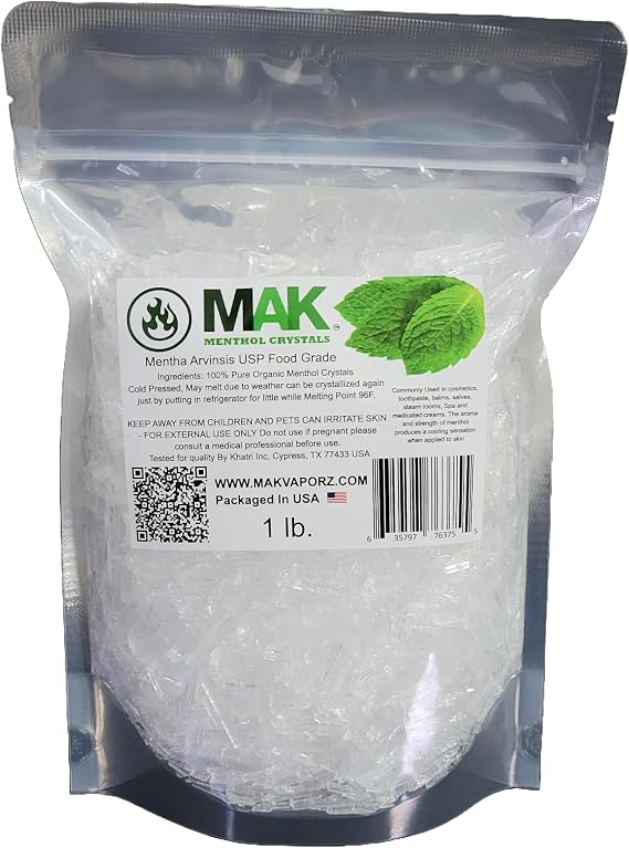Mak Menthol Crystal 1 LB - Pure Organic 100% Natural - Menthol Crystals from Mint Crystal Mints Mentha Arvensis -  in Resealable Standup Bag for Long-Lasting Freshness