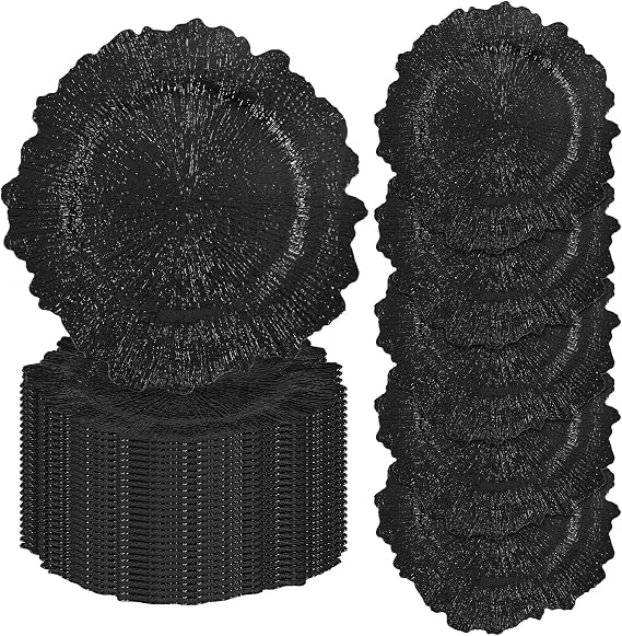 fani 50 Pcs Black Charger Plates Bulk, 13 Inch Reef Wedding Chargers