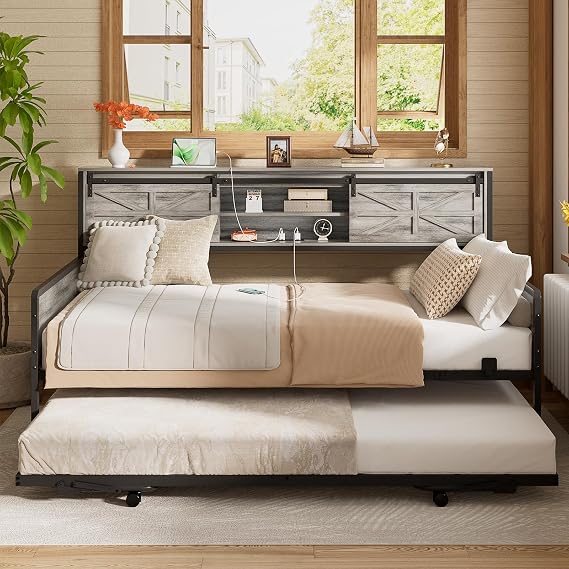 Homieasy Farmhouse Twin Daybed with Pop-Up Trundle, Light Oak | Metal Trundle Bed Frame with Bookcase Headboard, Twin to King Expandable, Charging Station & Barn Door Storage for Bedroom