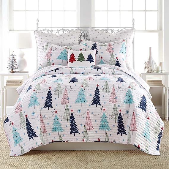 Levtex Home Merry & Bright Collecion - White Pine Quilt Set - King/Cal King Holiday Quilt 106x92 and Two King Pillow Shams 20x36 - Christmas Tree - Blue, Red, Green and White - Reversible - Polyester
