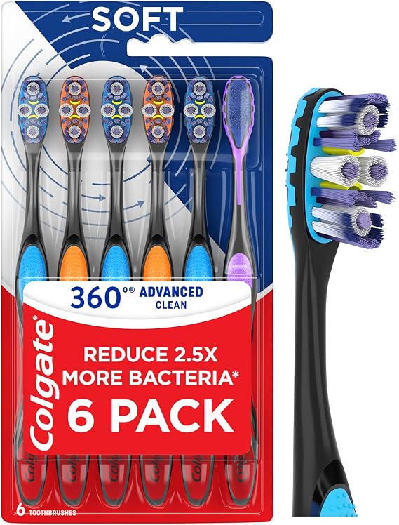 Colgate 360 Advanced Clean Floss Tip Soft Toothbrushes, 6 Pack