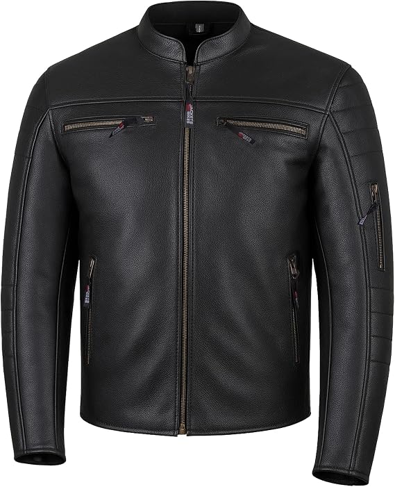 REVOLT Men's Motorcycle Jacket, Natural Buffalo Leather, CE Armor - Ventilation, Cruiser Motorbiker Touring Biker Black S