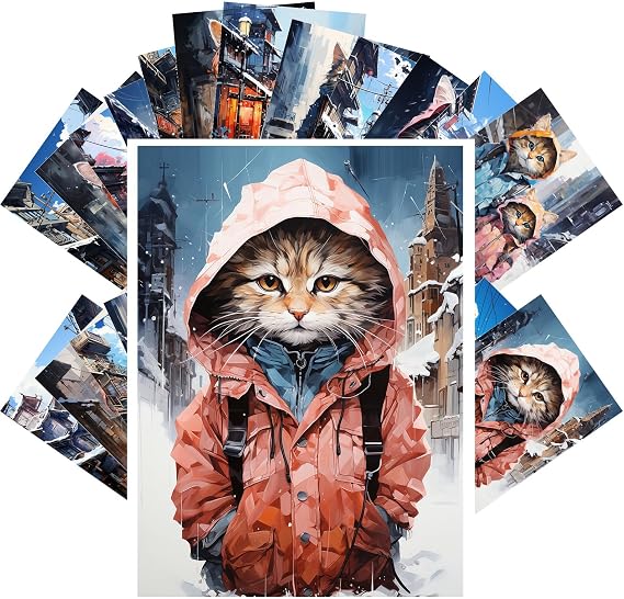 PIXILUV Vintage Postcards (24 pcs 4"x6" each) Cute Little Cats in the Big City Anime Postcards Retro Greeting Card Book Illustration Reprint