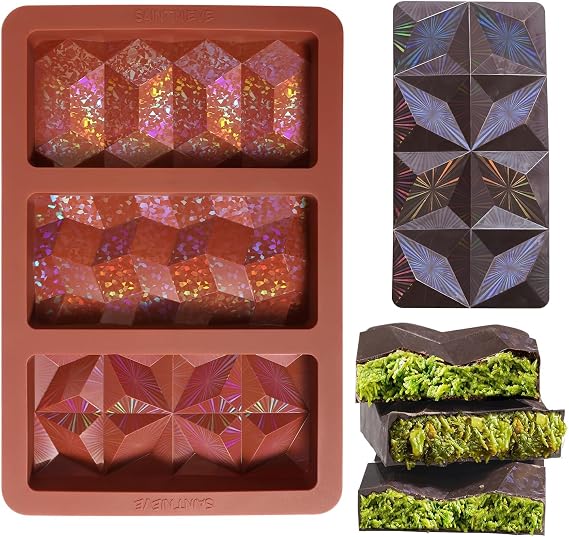 Holographic Chocolate Bar Mold, Large Thick 3-Cavity Silicone Mold for Chocolate Bars, Geometric Design, Food-Grade Non-Stick Mold for DIY Baking, Candy, and Wax Making