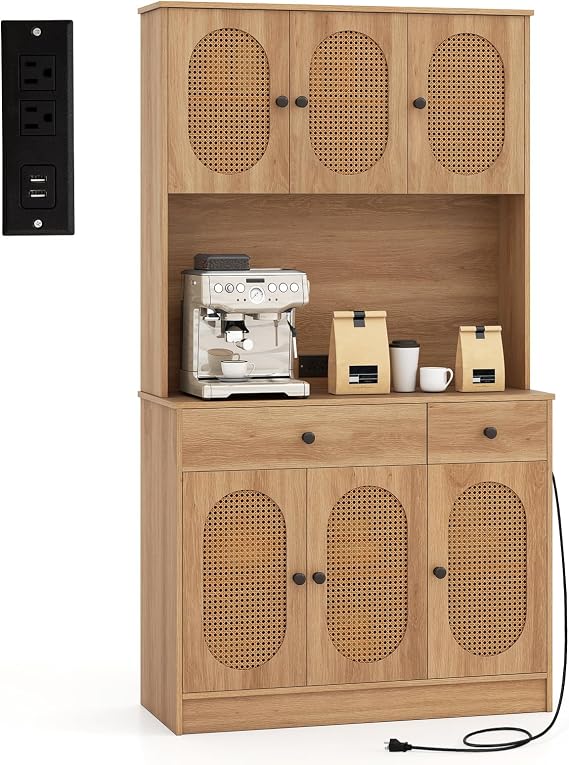 Giantex Kitchen Hutch, 71" Tall Boho Pantry Cabinet w/Charging Station, Microwave Countertop, 6 PE Rattan Door, 2 Drawer, 4 Adjustable Shelf, Freestanding Buffet Sideboard for Dining Room (Natural)