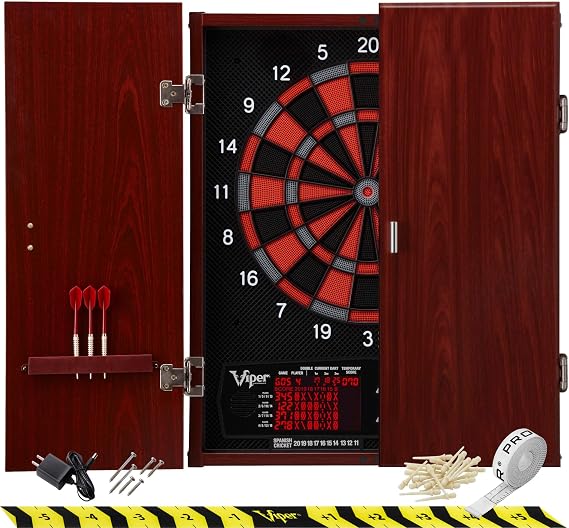 Viper Neptune Electronic Dartboard with Cabinet, 15.5 in Regulation Target, 57 Games, 16 Players, 6 Darts Included, Black