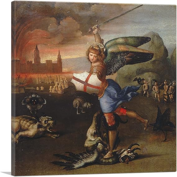 ARTCANVAS Saint Michael and the Dragon 1505 Canvas Art Print Stretched Framed Painting Picture Poster Giclee Wall Decor by Raphael - 26" x 26" (0.75" Deep)