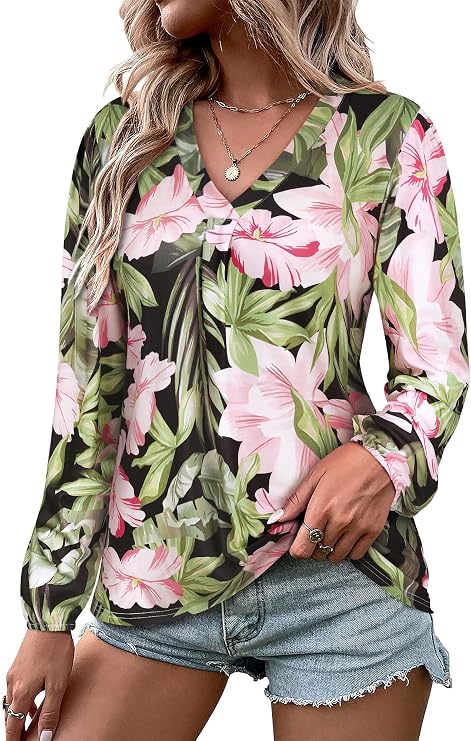 ZXZY Womens Hawaiian Shirt Vintage Leaf Floral Printed Tropical Tops | V Neck Puff Long Sleeves Shirts,Hawaiian Shirts for Women,Floral Print Shirts,Ladies Luau Party Outfits