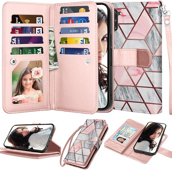 Njjex Wallet Case For Samsung Galaxy Note 10 Plus, For Galaxy Note 10+ Plus 5G Case, [9 Card Slots] PU Leather Card Holder Folio Flip [Detachable] Kickstand Magnetic Phone Cover & Lanyard -Marble Pink
