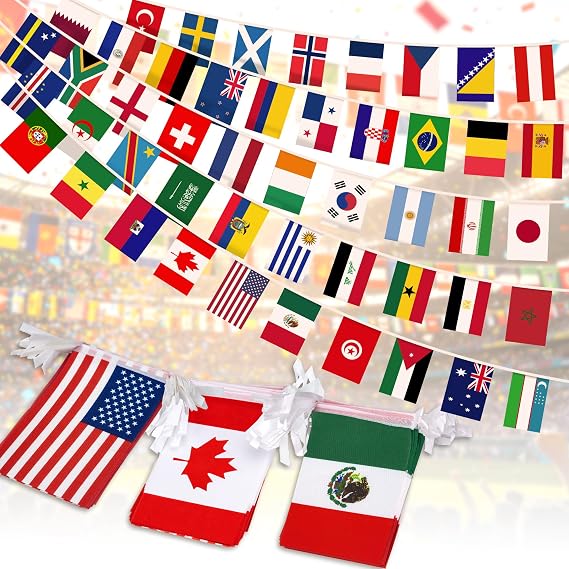 2026 World Cup Flag Banner, 48 Countries International Bunting, Soccer Tournament National String Pennant for Sports Bar, Club, Home Garden, Party Decorations, Banderas del Mundial (7.9" x 11"-60 ft)