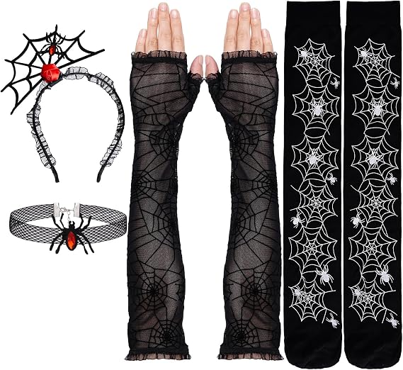 phnydreg 4 Pcs Halloween Spiderweb Costume Accessories Including Fingerless Gloves Lace Headband Chocker Thigh High Socks