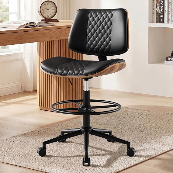 Drafting Chair with Adjustable Footrest, Rolling Walnut Stool, Black