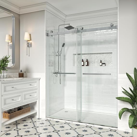 61-66" W x 76" H, Frameless Sliding Shower Door, 3/8" Glass, Brushed Nickel