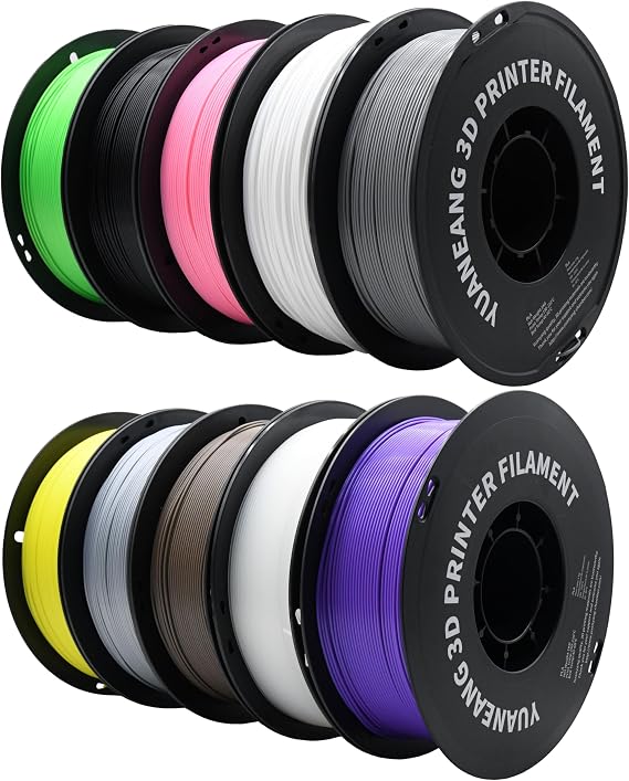 PLA 3D Printer Filament, 10 Rolls, Dimensional Accuracy +/- 0.02 mm, 10kg Spool(22lbs), 1.75 mm，Black, White, Gray, Lemon Yellow, Fluorescent Green, Brown, Purple, Silver, Transparent,Pink