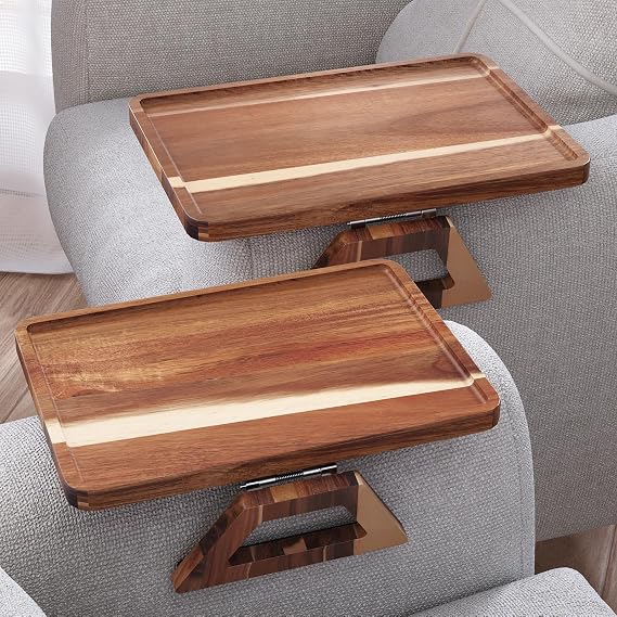 2 Packs Acacia Wood Couch Arm Tray,Folding Sofa Armrest Table