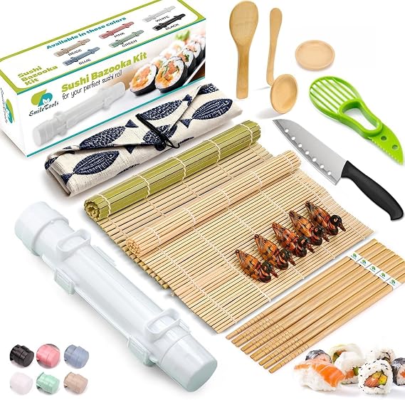 SmileTools Sushi Making Kit, 22-in-1 Sushi Roller Kit with Bamboo Sushi Rolling Mat, Sushi Bazooka, Avocado Knife, Sushi Knife, Chopsticks, Sauce Dishes, Rice Spreader & More DIY Sushi Party Gift