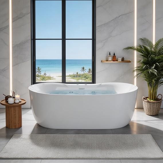 71" Acrylic Freestanding Bathtub with Air Bubble Jets, White Stand Alone Soaking Tub with Manual Control, Deep water massage Massage Spa Tub, Modern Contemporary Free Standing Bath for main Bathroom
