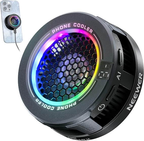 NEEWER BASICS Magnetic Phone Cooler, Low Noise USB Cooling Fan, PA069 | Smart Temp Control, RGB Light, Magnetic Ring & Clip, Compatible with iPhone 15 16 17 MagSafe Samsung iPad, for Gaming