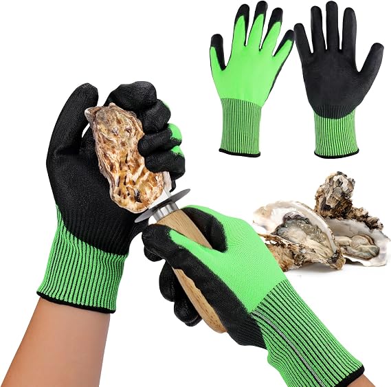 Palksky Oyster Shucking Gloves, Oyster Shucker Tool Protectors Handguard, Oyster Opener Machine Kit, Easy to Use Oyster Holders Seafood Tool (Green-Black