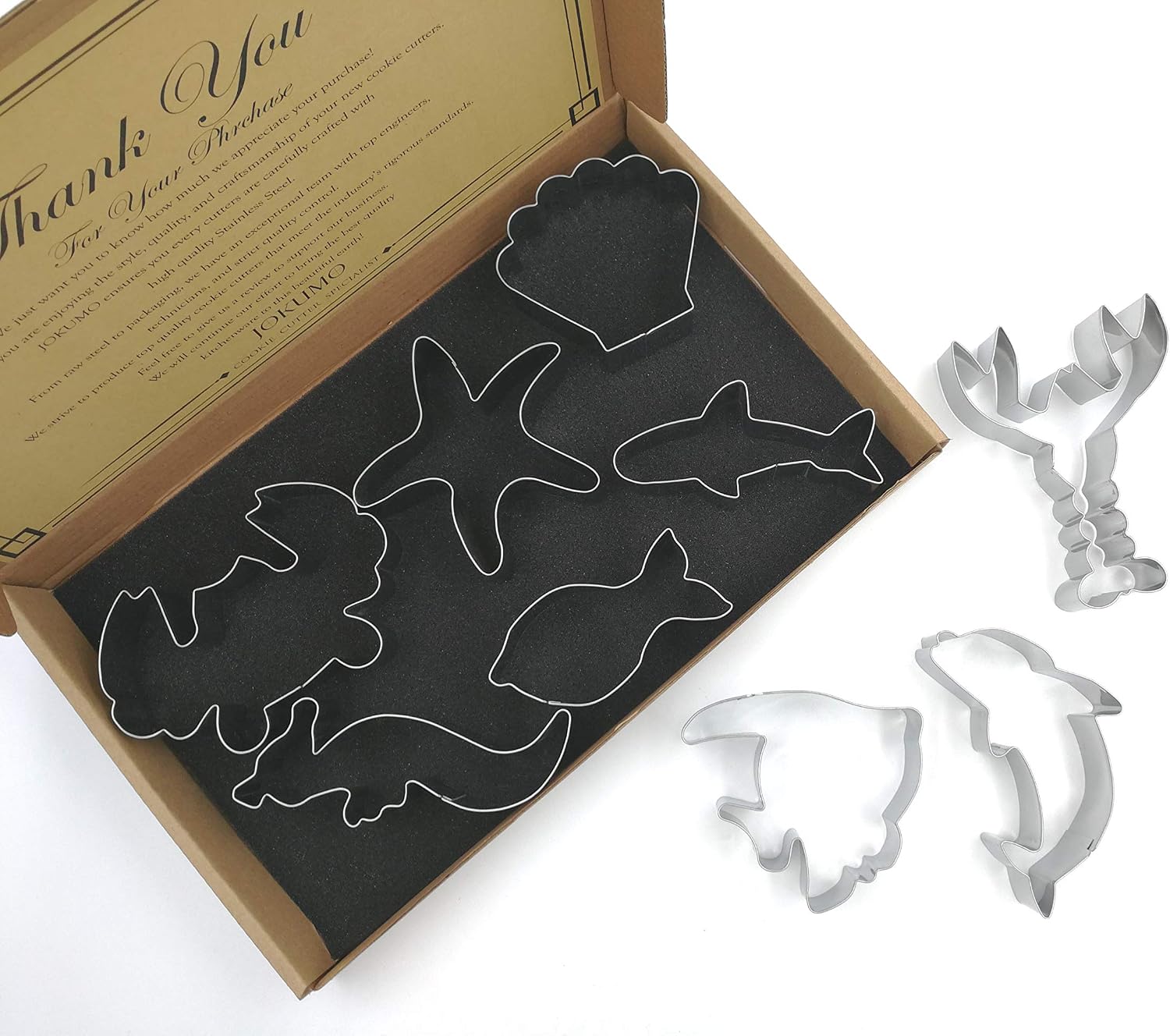 JOKUMO Sea Creatures Cookie Cutters Set – 9PC High Grade 430 Stainless Steel –Fish, Dolphin, Crab, Starfish, Shark, Sea Horse, Lobster, Angel Fish, Shell