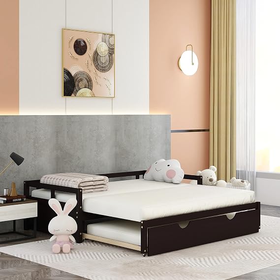 Bellemave Extendable Daybed with Trundle Beds for Kids Teens Adults, Wooden Daybeds with a Pull Out Trundle, Twin to King Design Extending Beds, No Box Spring Required (Espresso)