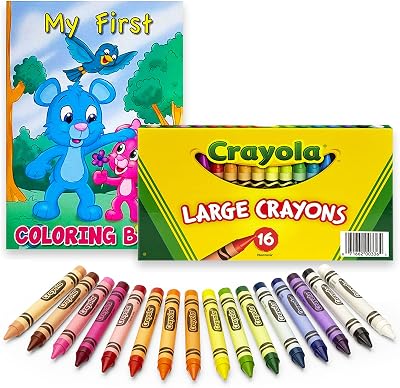 The Mega Deals Large Crayons, 16 Count Assorted Colors Jumbo Crayons, Ideal for Toddlers, Fat Crayon, Thick Crayon with Toddler Coloring Book, Coloring Books for Kids