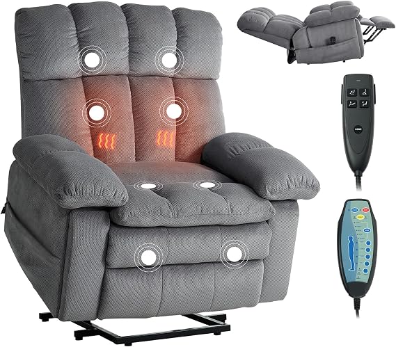 VEVOR Power Lift Recliner Chair, Dual Motor, Oversized Electric Lift Chair with Heat and Massage for Elderly, Infinite Position Adjustment, Chenille Fabric, with Side Pockets, Cup Holders, Light Gray
