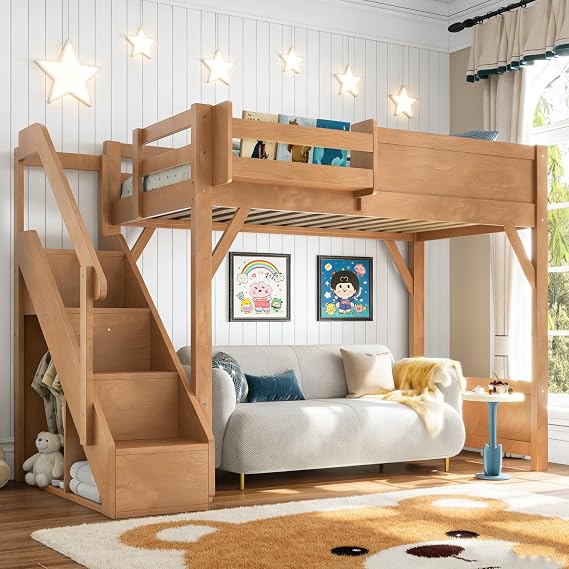 Bellemave Twin Size Kids Loft Bed with Stairs and Wardrobe,Solid Wood Loft Bed Frame Twin Size with Bookshelf for Kids,Boys,Girls,Space Saving,Deep Natural