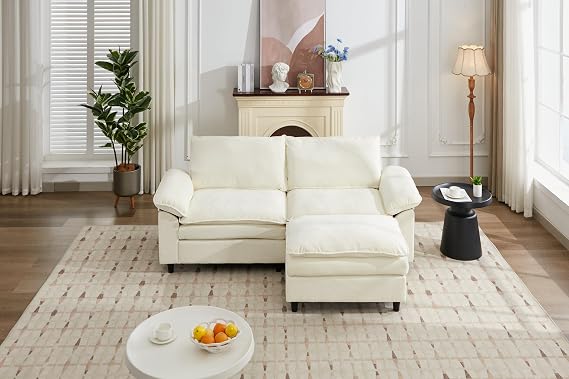 Deep Seat Cloud Loveseat Sofa, L Shaped Sectional Sofa with Movable Ottoman 2 Seater Oversized Chenille Love Seat for Living Room Bedroom Apartment Office (Beige, L-Shape Loveseat)