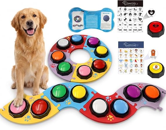Pack of 8 Buzzers with Recording Function Dog Intelligence Toy Dog Button Pet Talking Training Answer Buzzer 30 Seconds Recording 4 Fixed Pads 50 Stickers