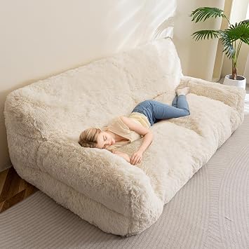 HIGOGOGO Giant Human Dog Sofa Bed, Big Comfy Floor Sofa Couch for Pet Families with Foam Chunk Supportive Mat, Fluffy Faux Fur Orthopedic Dog Bed for Human, L Size, Beige