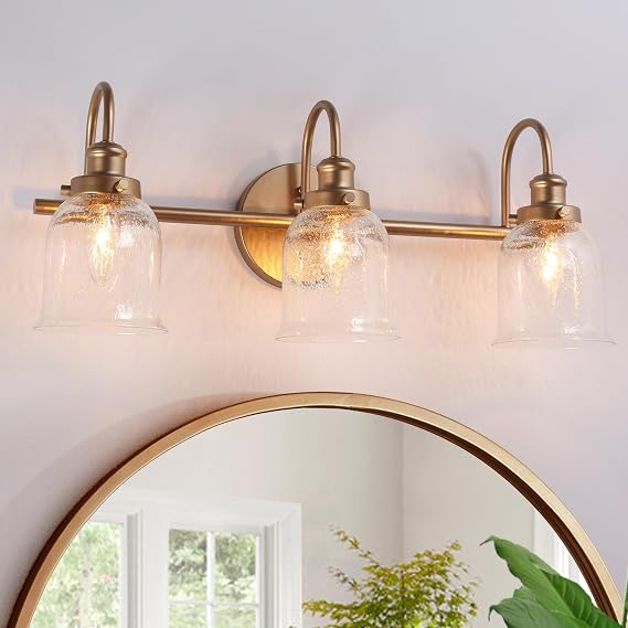 Gold Vanity Light, Modern Bathroom Light Fixtures Over Mirror, 3-Light Vanity Lighting with Seeded Glass Shade