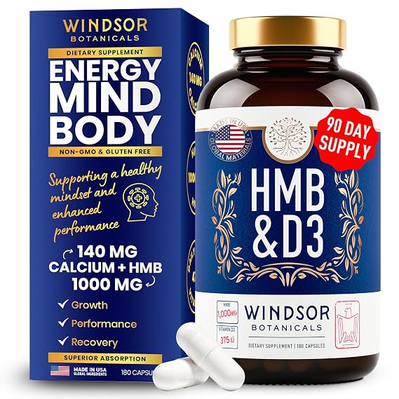 HMB and Vitamin D3 Supplement - B-Hydroxy B-Methylbutyrate 1,000 MG HMB Supplements for Men and Women Plus Calcium, Vitamin D 3 - Muscle Growth, Strength, Performance, Recovery - 90 Days, 180 Caps.